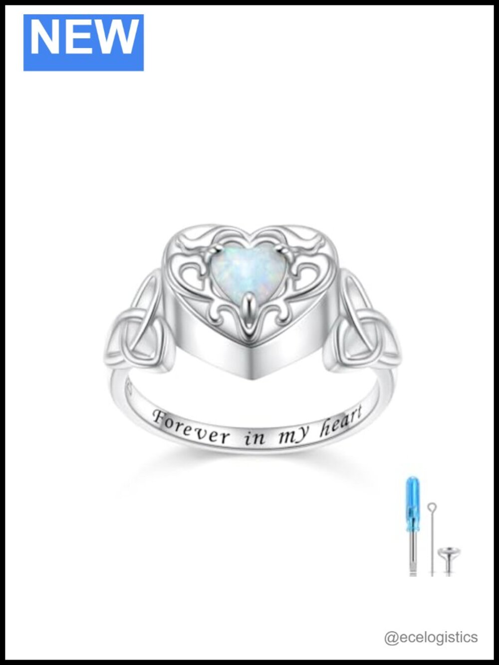 925 Sterling Silver Heart Opal Urn Ring Celtic Knot Memorial